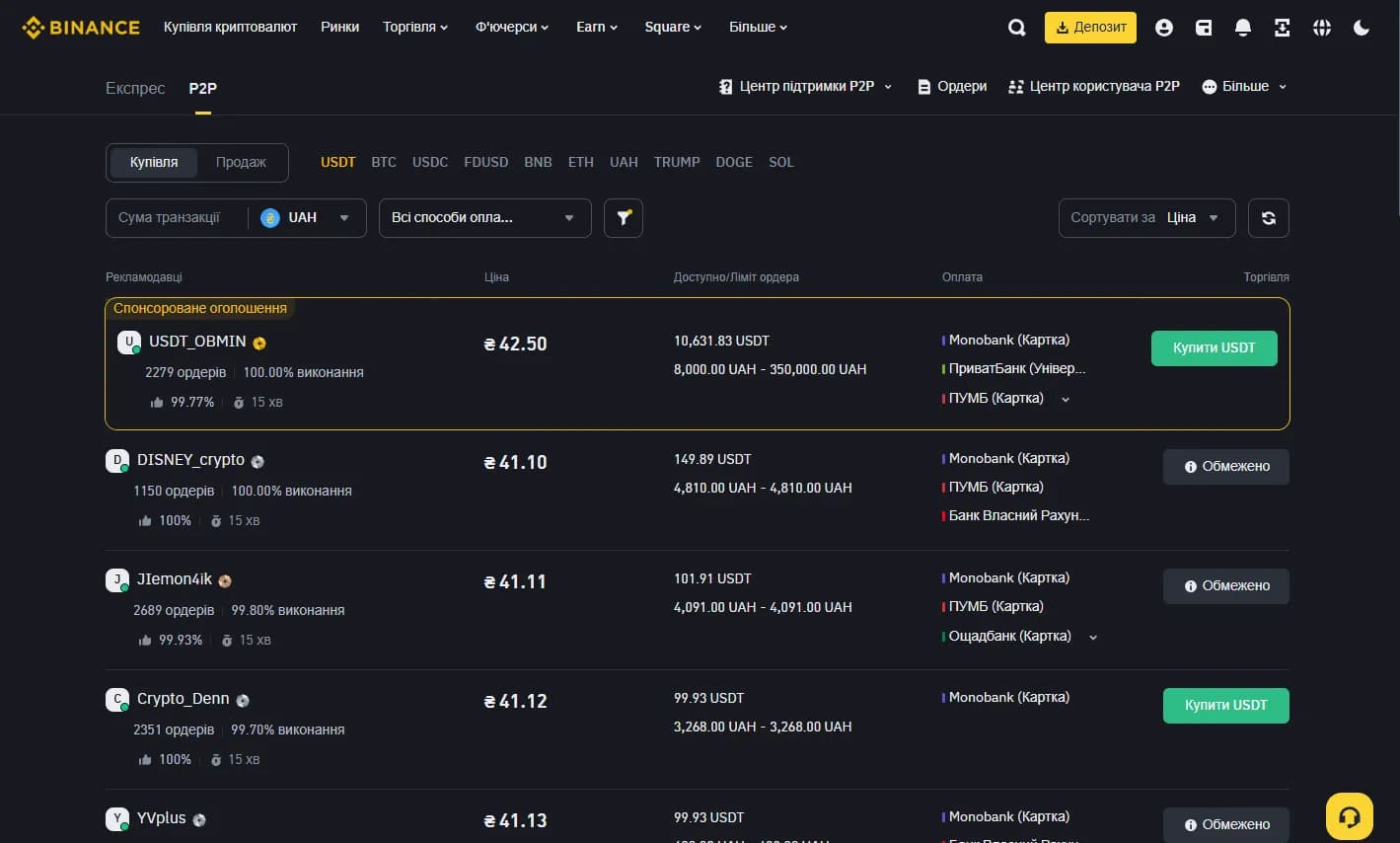 P2P-торговля Binance