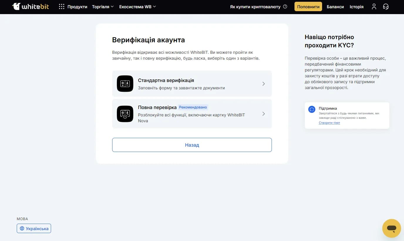 Этапы верификации WhiteBIT